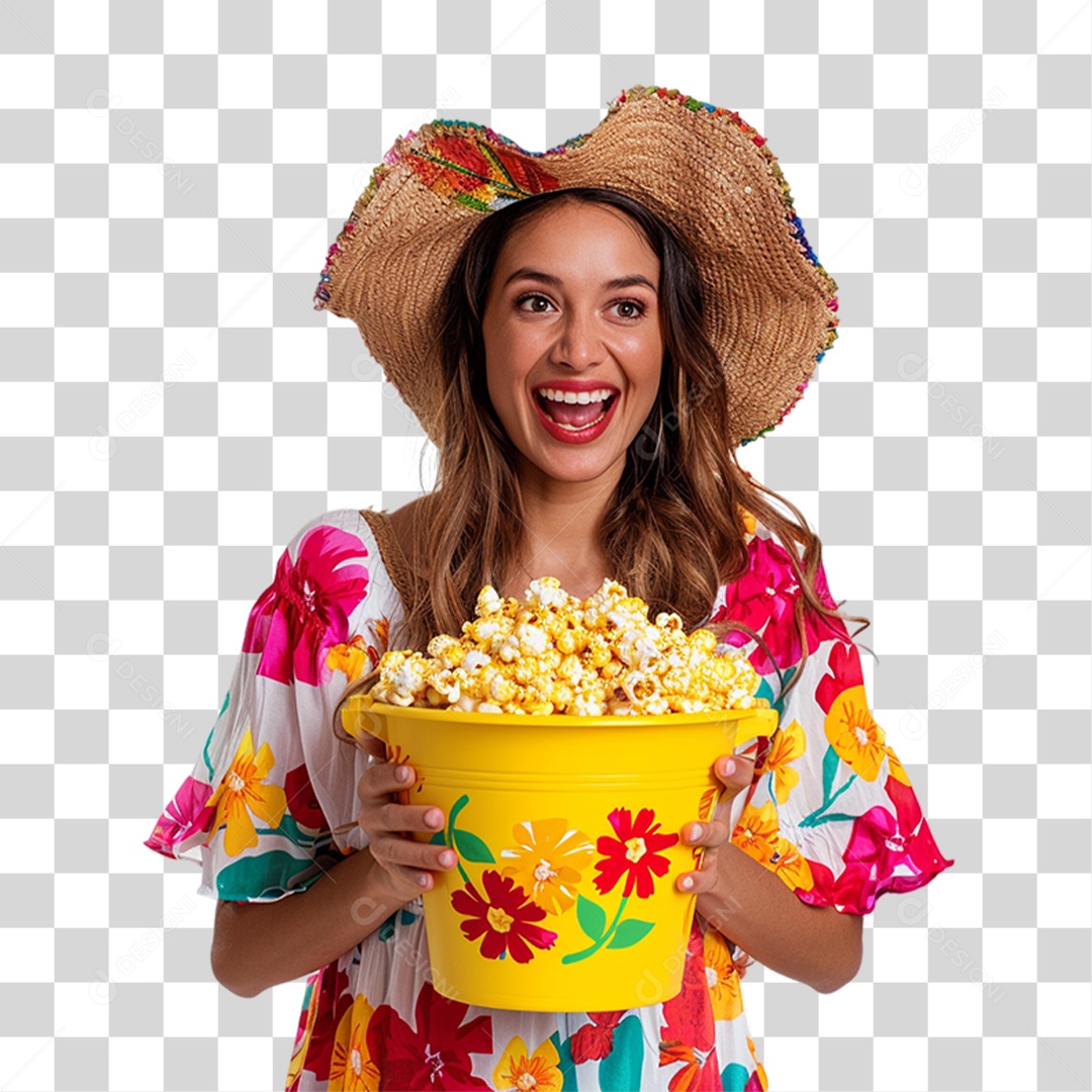 Mulher com Roupa de Festa Junina Segurando Pote de Pipoca PNG Transparente