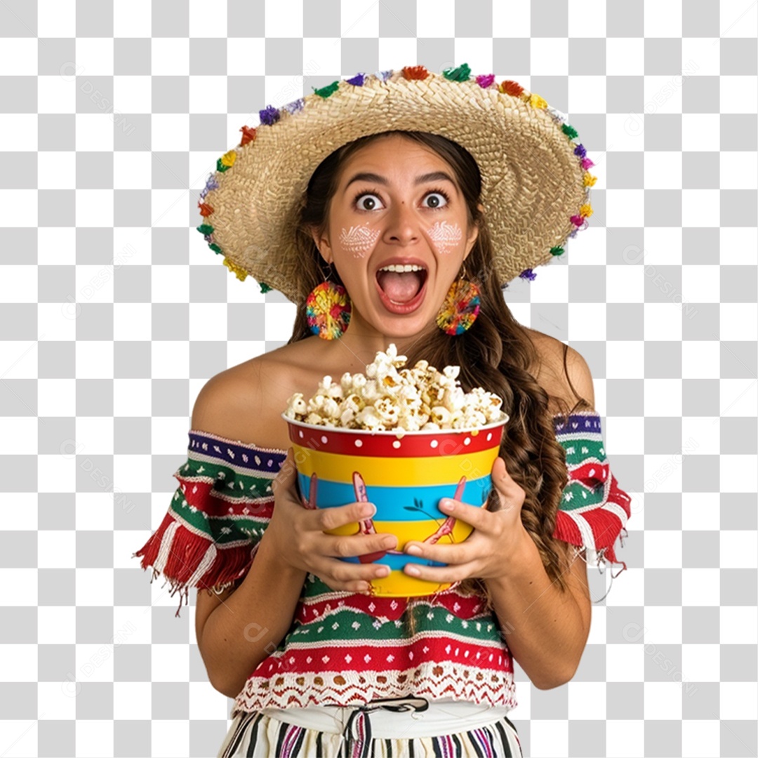 Mulher com Roupa de Festa Junina Segurando Pote de Pipoca PNG Transparente