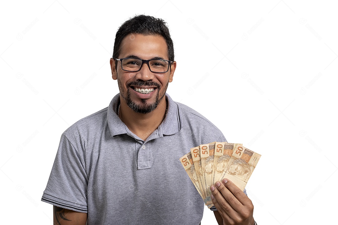Homem feliz com muitos dinheiro nas mãos