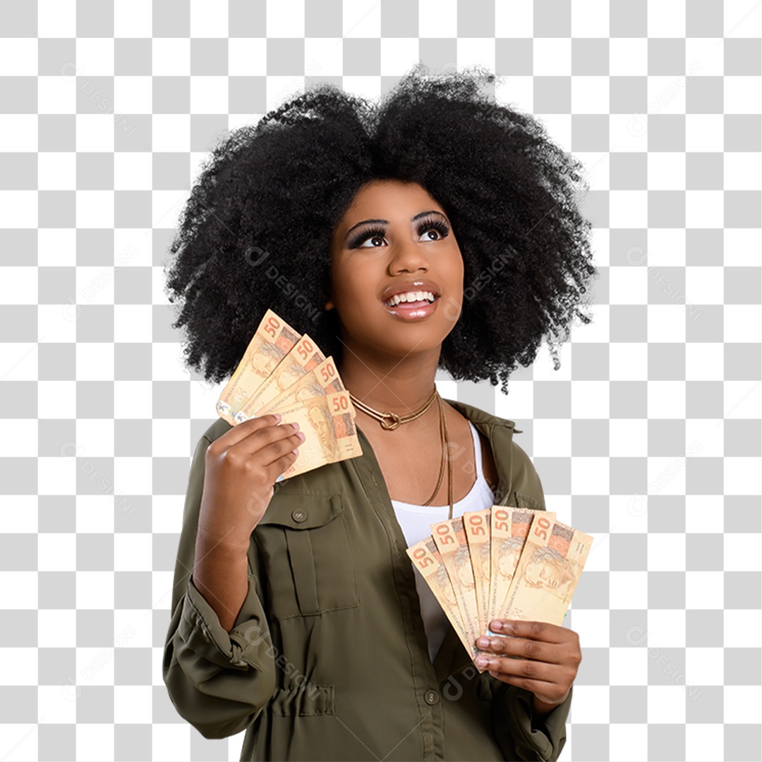 Mulher Morena Segurando Dinheiro PNG Transparente