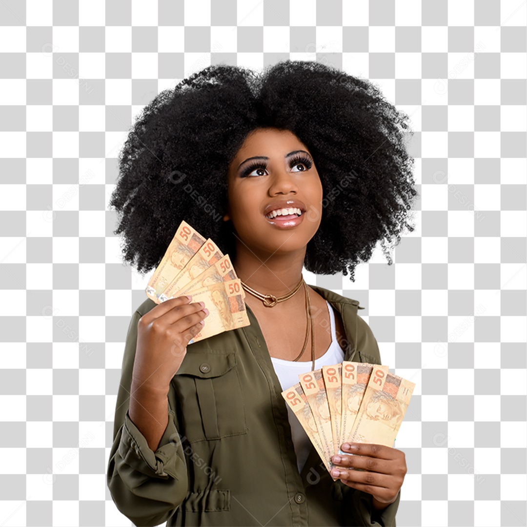 Mulher Morena Segurando Dinheiro PNG Transparente