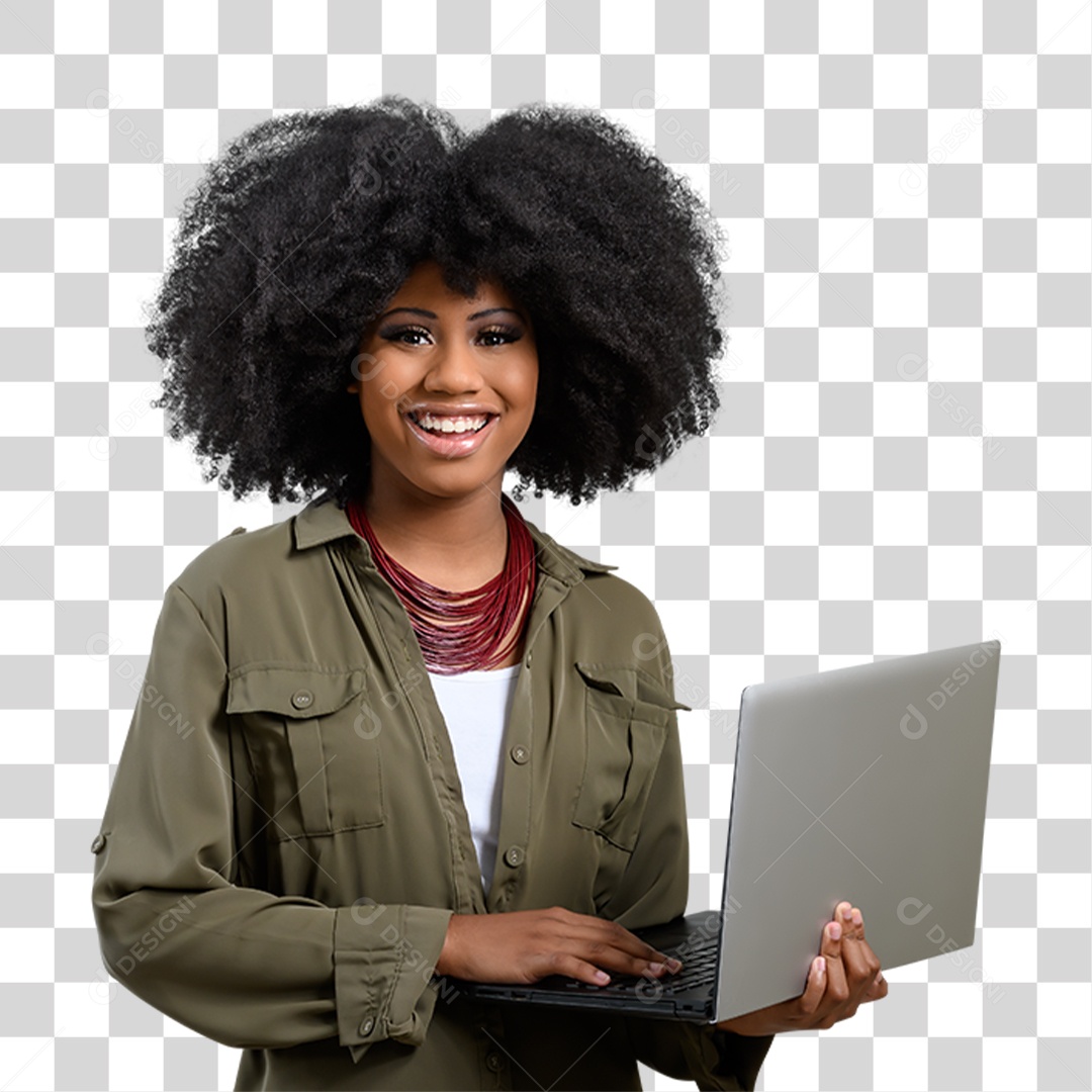 Mulher Morena Segurando Laptop PNG Transparente