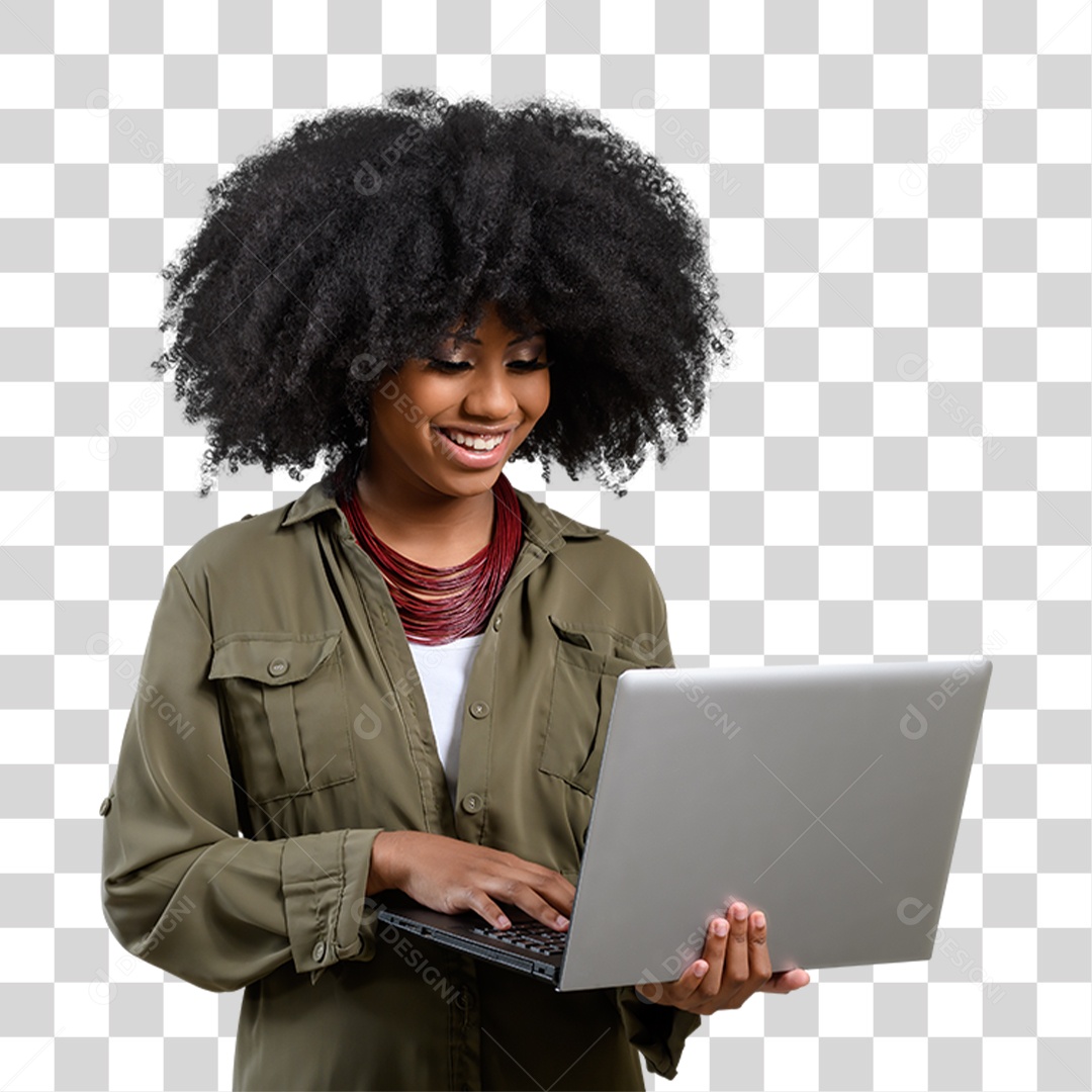 Mulher Morena Segurando Laptop PNG Transparente