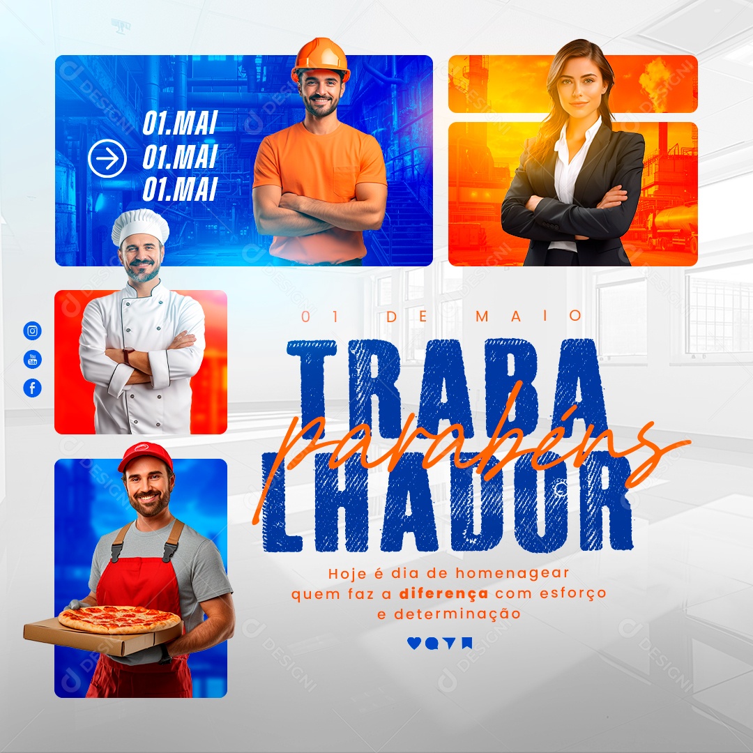 Dia do Trabalhador  01 de Maio Parabéns Social Media PSD Editável