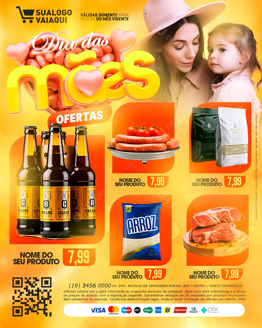Tabloide Dia das Mães Supermercado Arroz Cerveja Carne Social Media PSD Editável