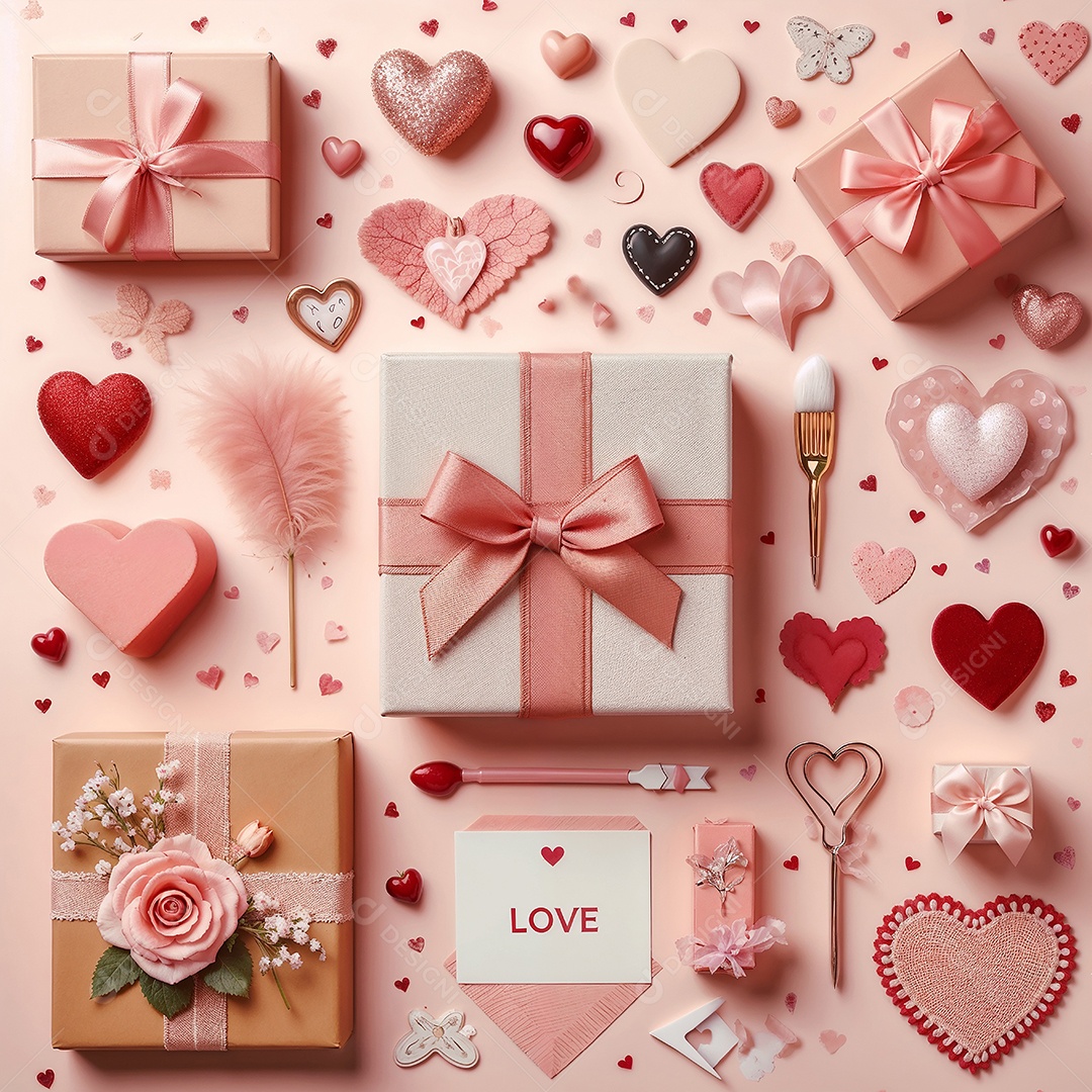 Presentes corações e cartão escrito amor em fundo rosa claro