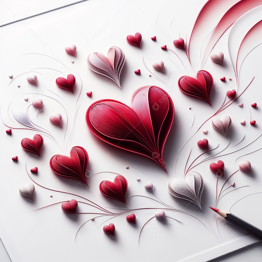 Lápis desenhando corações em papel branco