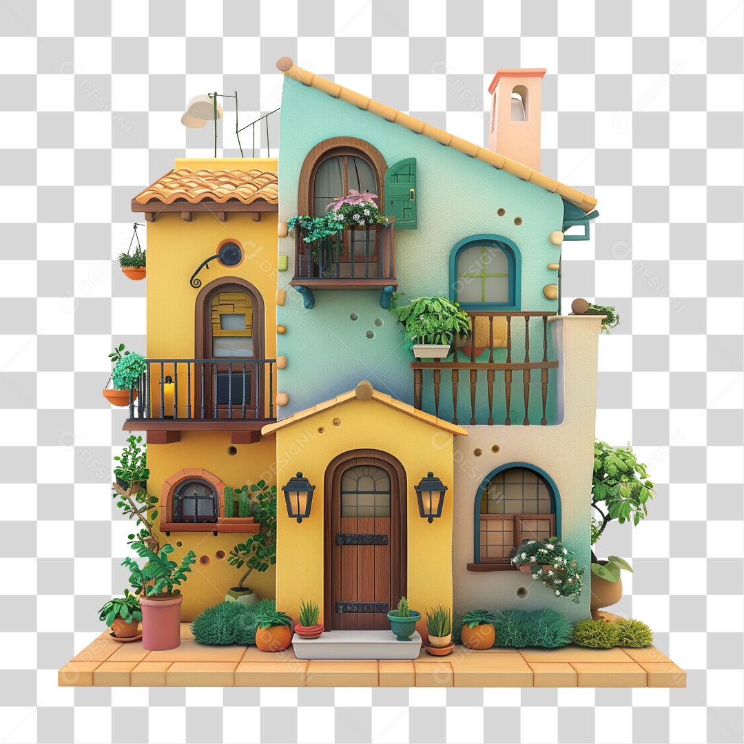 Casa Colonial Colorida Festa Junina PNG Transparente