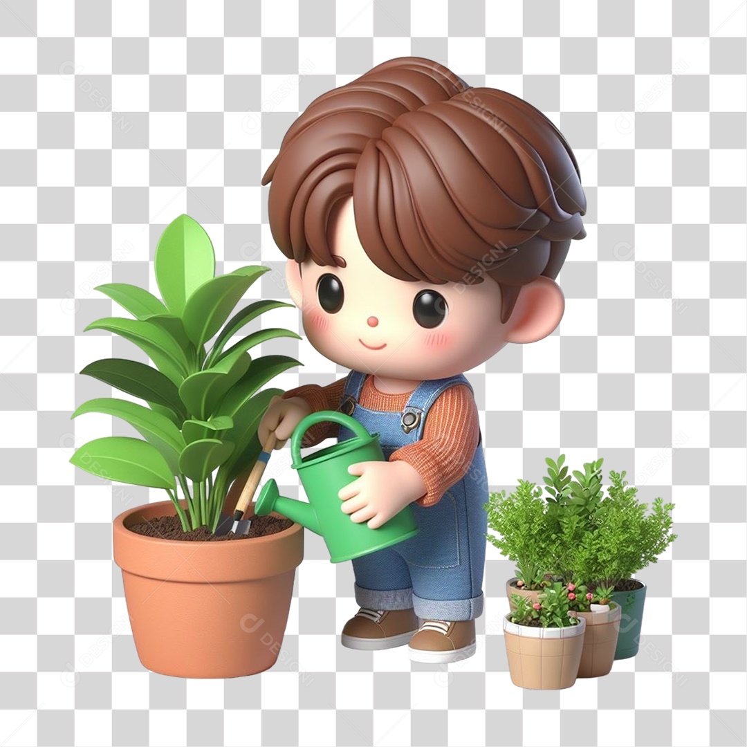 Garoto Plantando Mudas em Vasos PNG Transparente