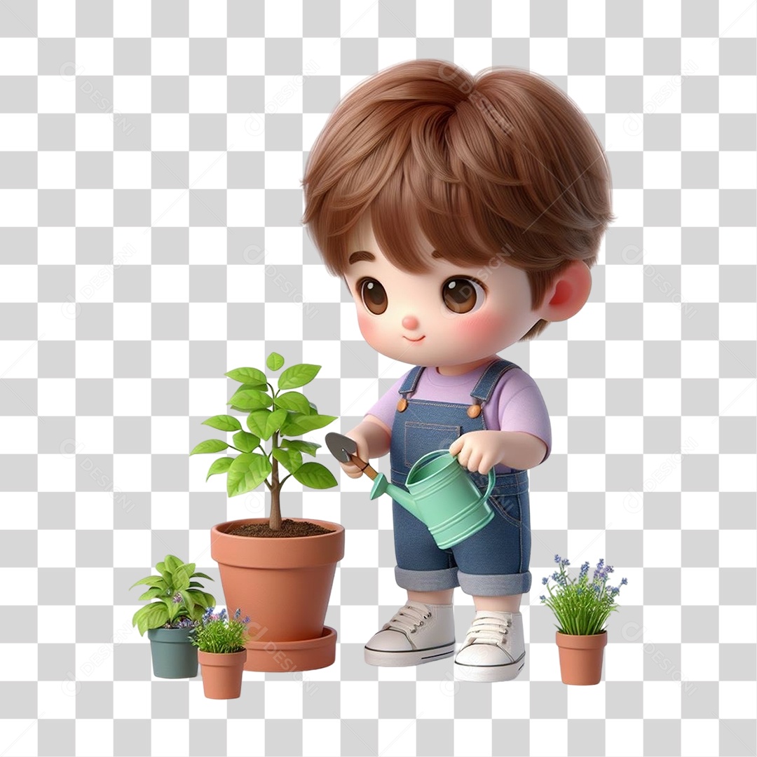 Garoto Plantando Mudas em Vasos PNG Transparente