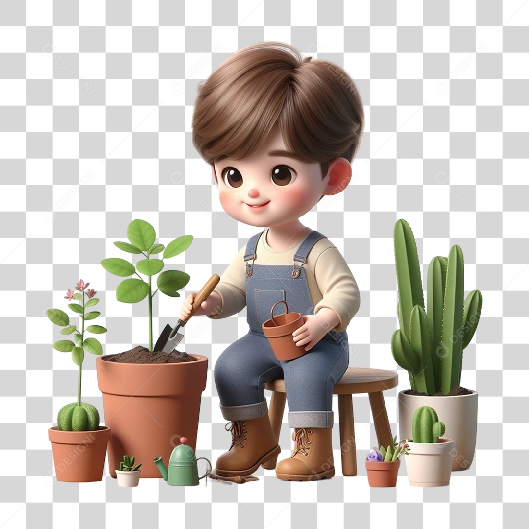 Garoto Plantando Mudas em Vasos PNG Transparente