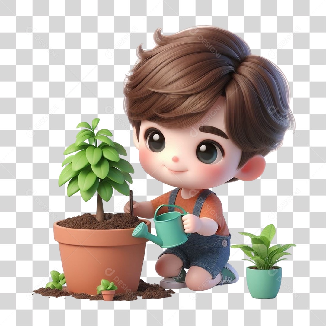 Garoto Plantando Mudas em Vasos PNG Transparente