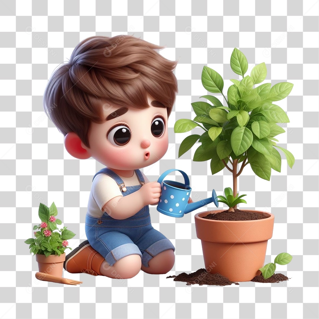 Garoto Plantando Mudas em Vasos PNG Transparente