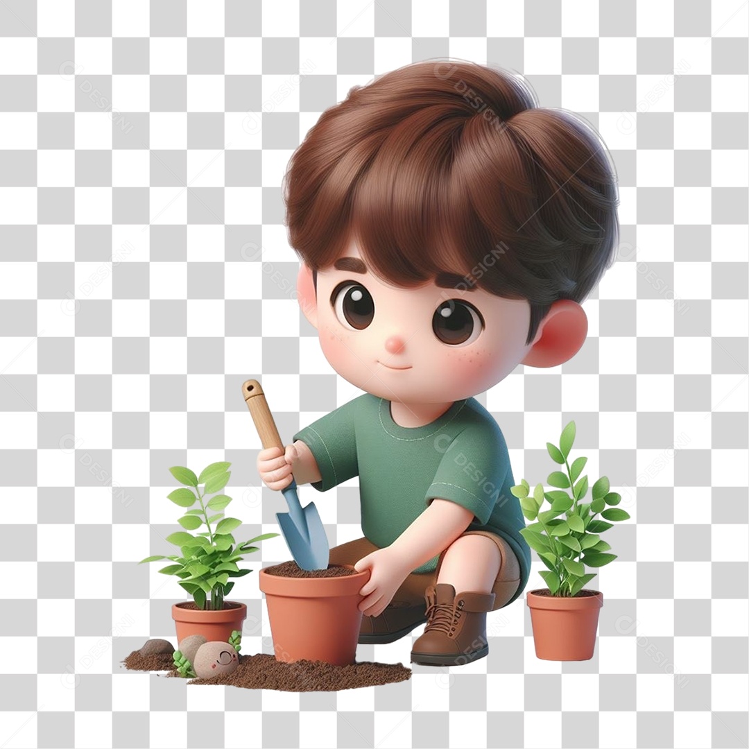 Garoto Plantando Mudas em Vasos PNG Transparente