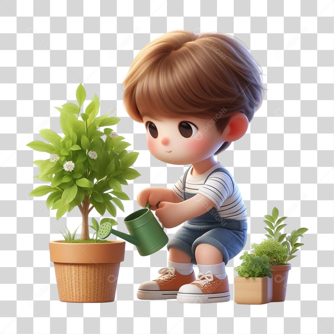 Garoto Plantando Mudas em Vasos PNG Transparente