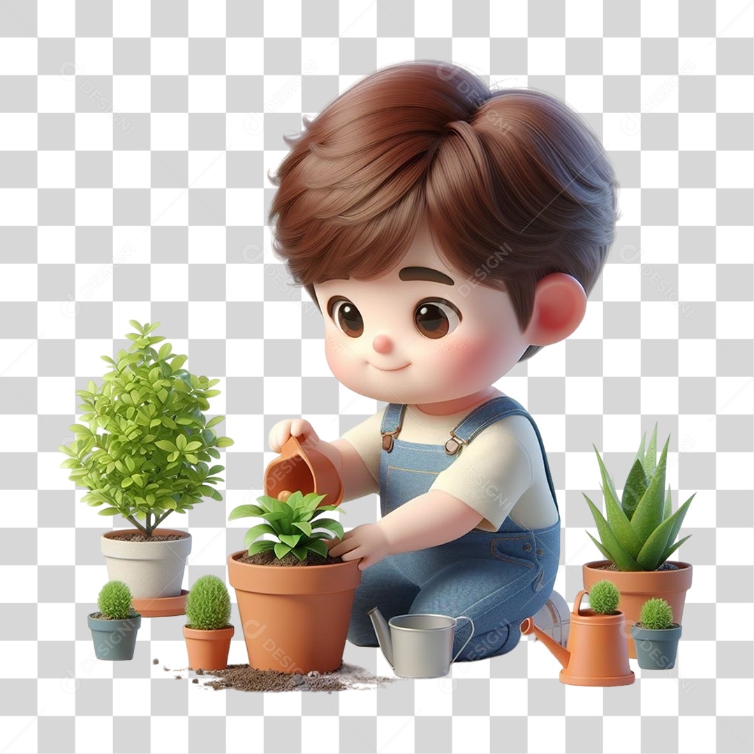 Garoto Plantando Mudas em Vasos PNG Transparente