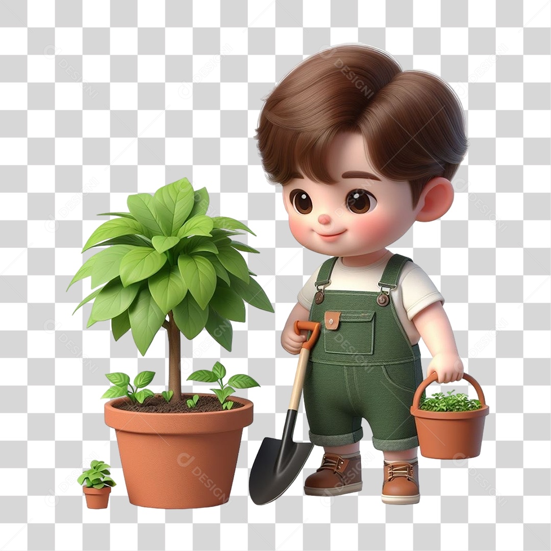 Garoto Plantando Mudas em Vasos PNG Transparente