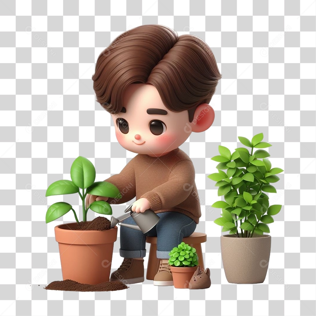 Garoto Plantando Mudas em Vasos PNG Transparente