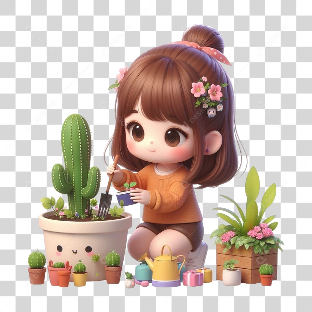 Garota Plantando Mudas em Vasos PNG Transparente