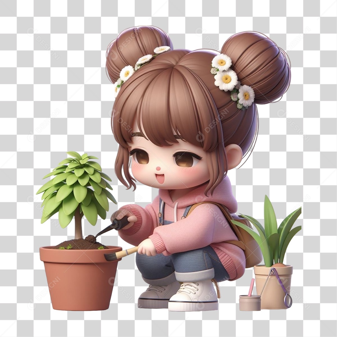 Garota Plantando Mudas em Vasos PNG Transparente