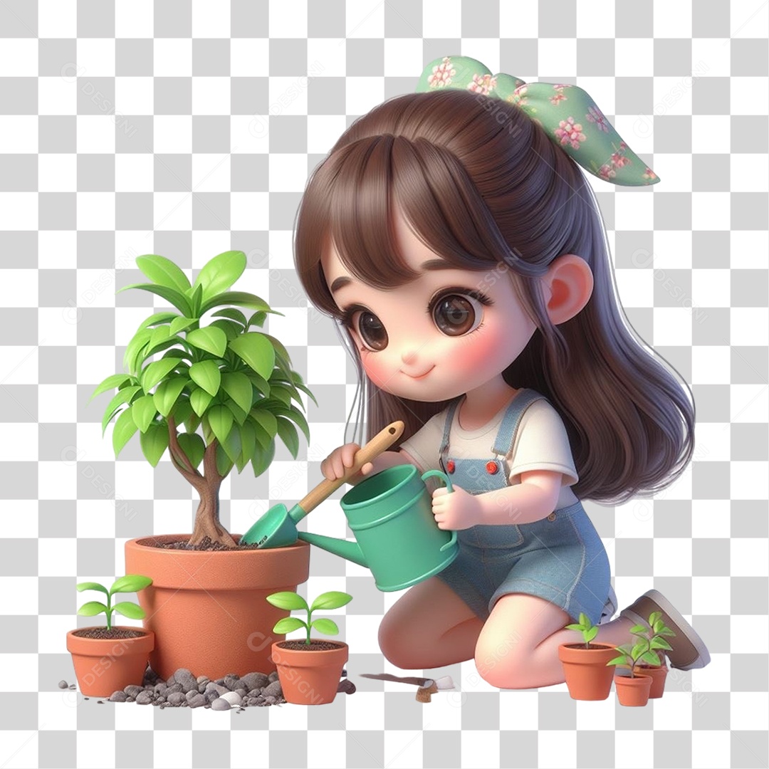 Garota Plantando Mudas em Vasos PNG Transparente