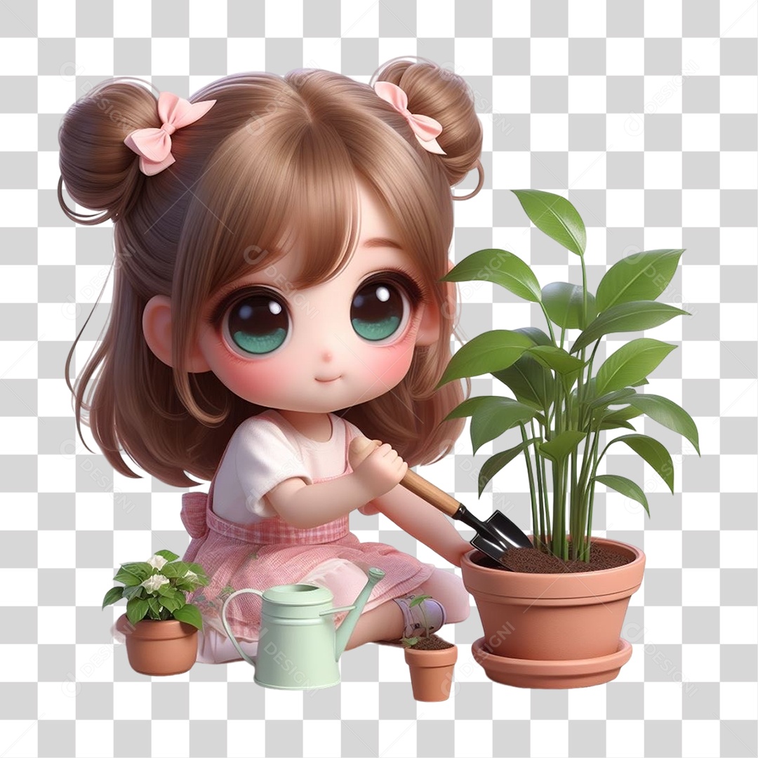 Garota Plantando Mudas em Vasos PNG Transparente