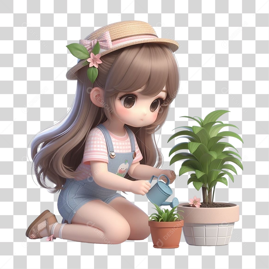 Garota Plantando Mudas em Vasos PNG Transparente