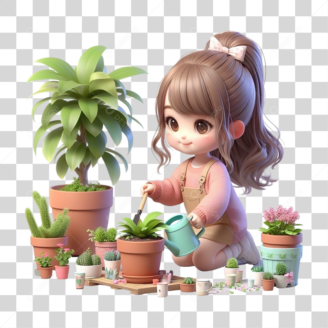 Garota Plantando Mudas em Vasos PNG Transparente