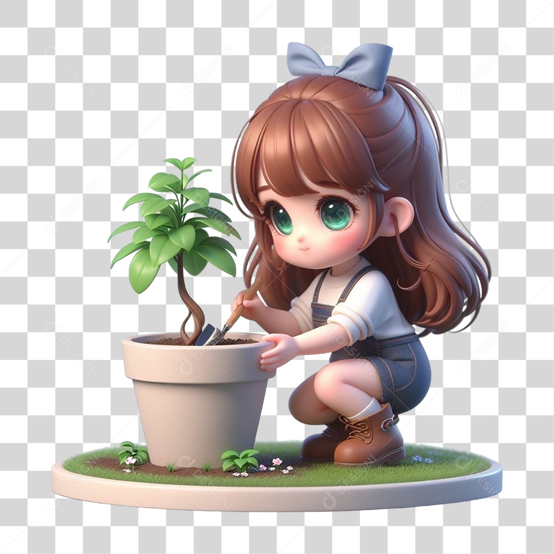 Garota Plantando Mudas em Vasos PNG Transparente