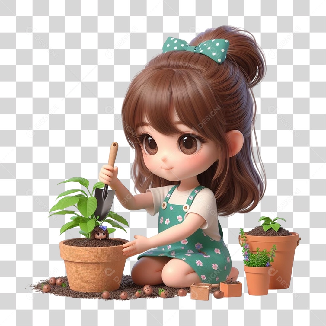 Garota Plantando Mudas em Vasos PNG Transparente