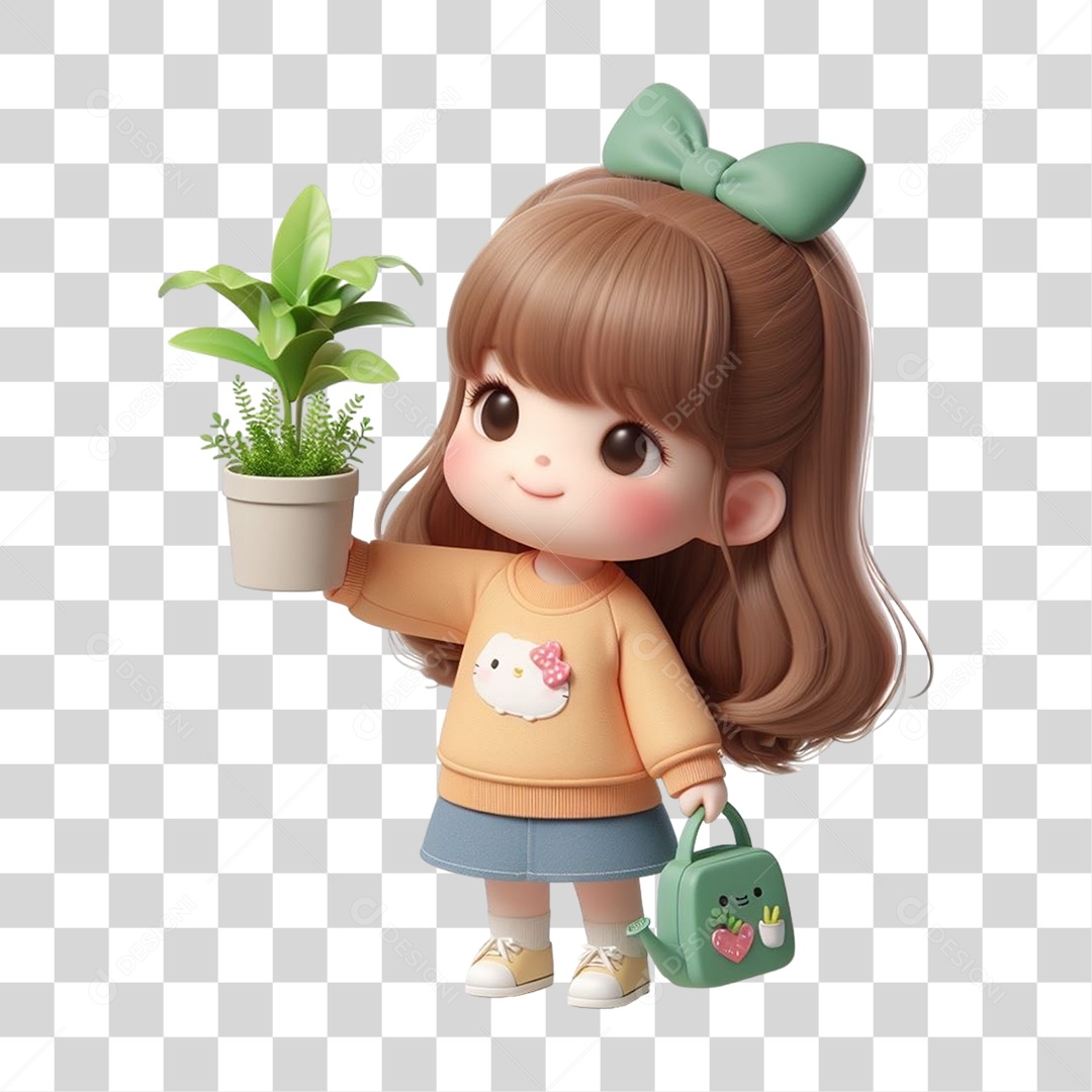 Garota com Vaso e Muda de Plantas PNG Transparente