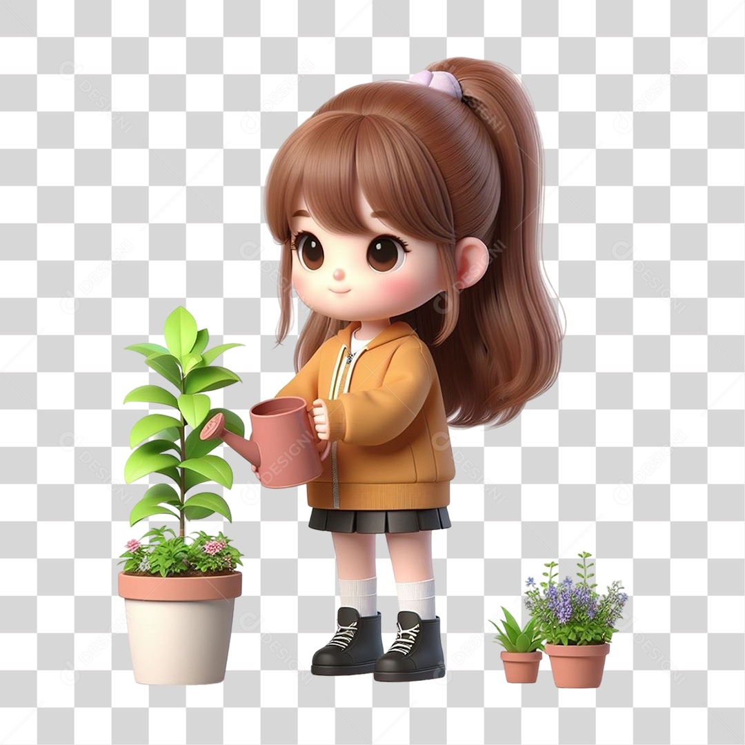 Garota com Vasos e Mudas de Plantas PNG Transparente