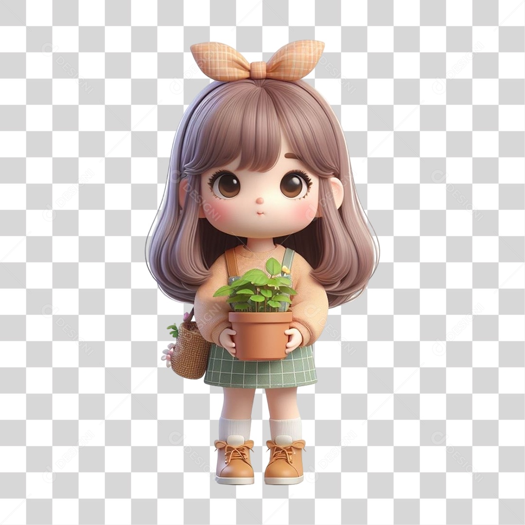 Garota com Vaso e Muda de Plantas PNG Transparente