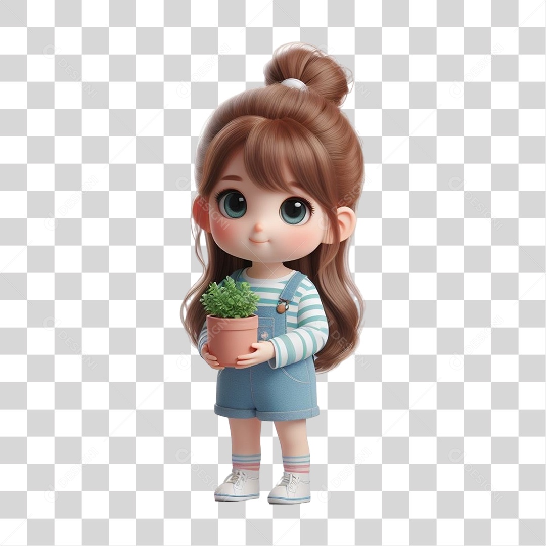 Garota com Vaso e Muda de Plantas PNG Transparente