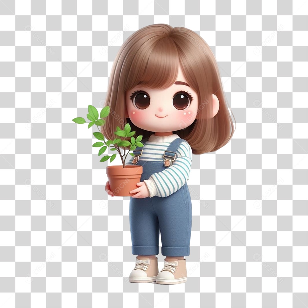 Garota com Vaso e Muda de Plantas PNG Transparente