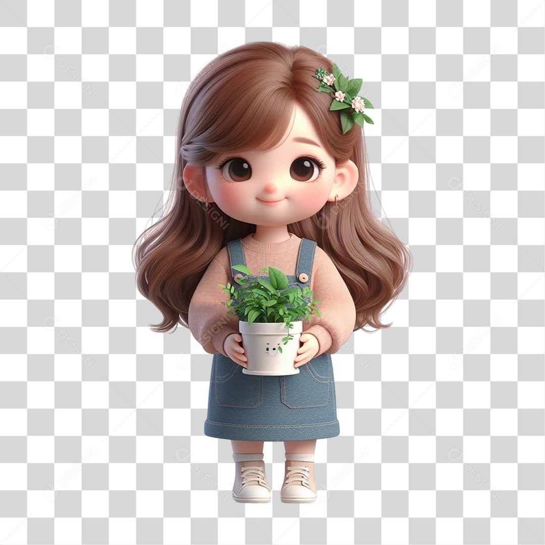 Garota com Vaso e Muda de Plantas PNG Transparente