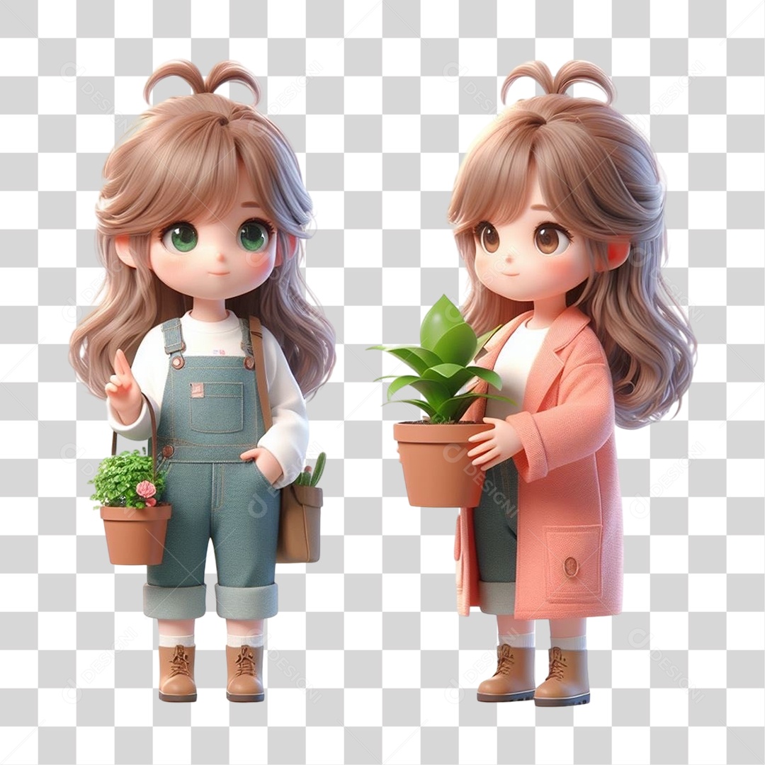 Garotas com Vaso e Muda de Plantas PNG Transparente