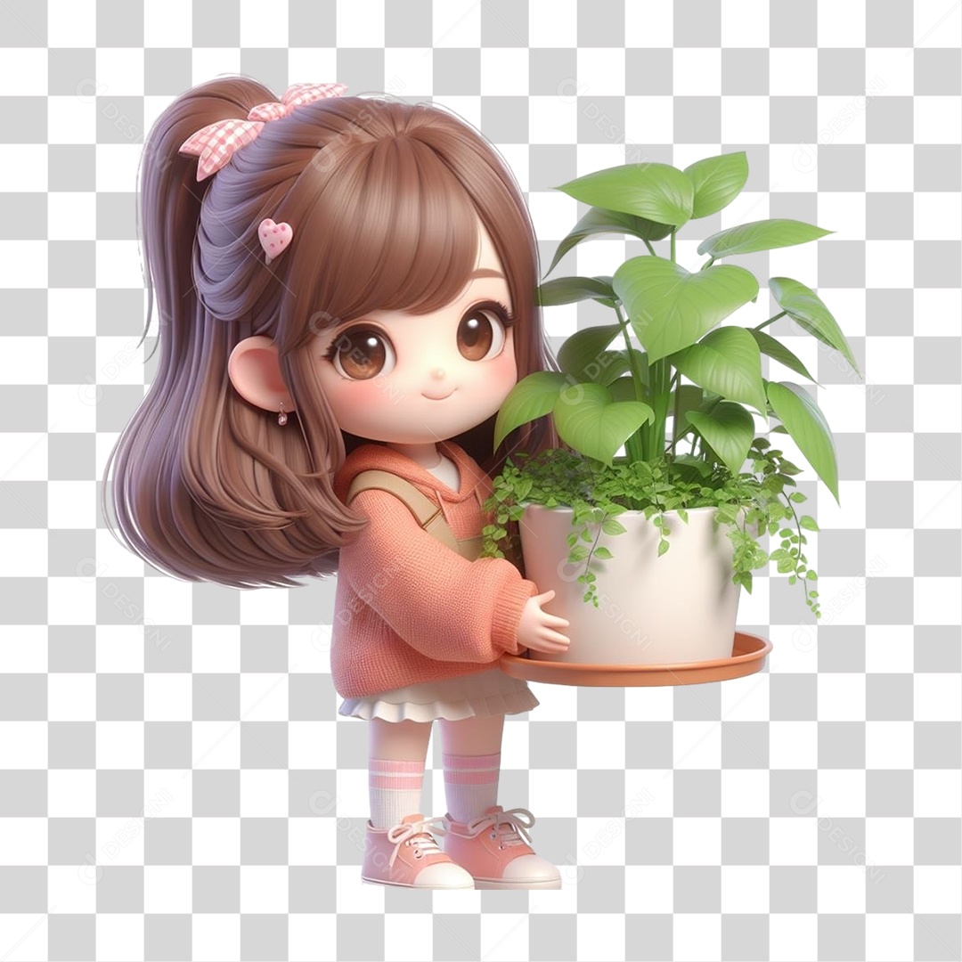 Garota com Vaso e Muda de Plantas PNG Transparente