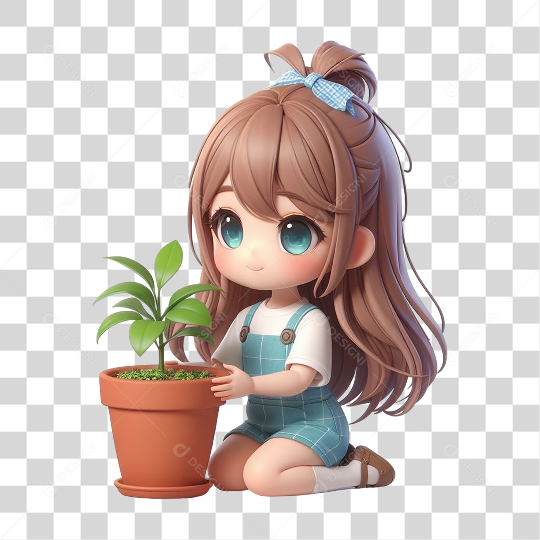 Garota com Vaso e Muda de Plantas PNG Transparente