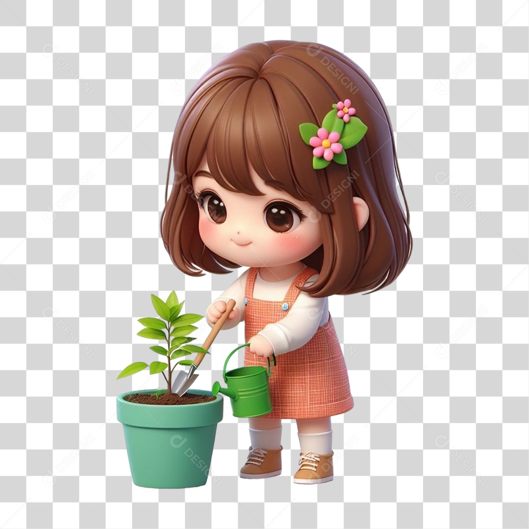 Garota com Vaso e Muda de Plantas PNG Transparente