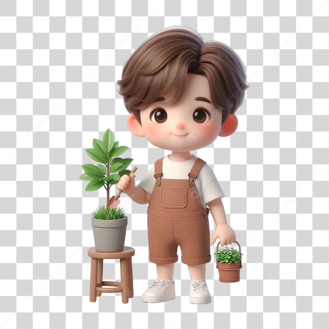 Garoto com Vaso e Muda de Plantas PNG Transparente