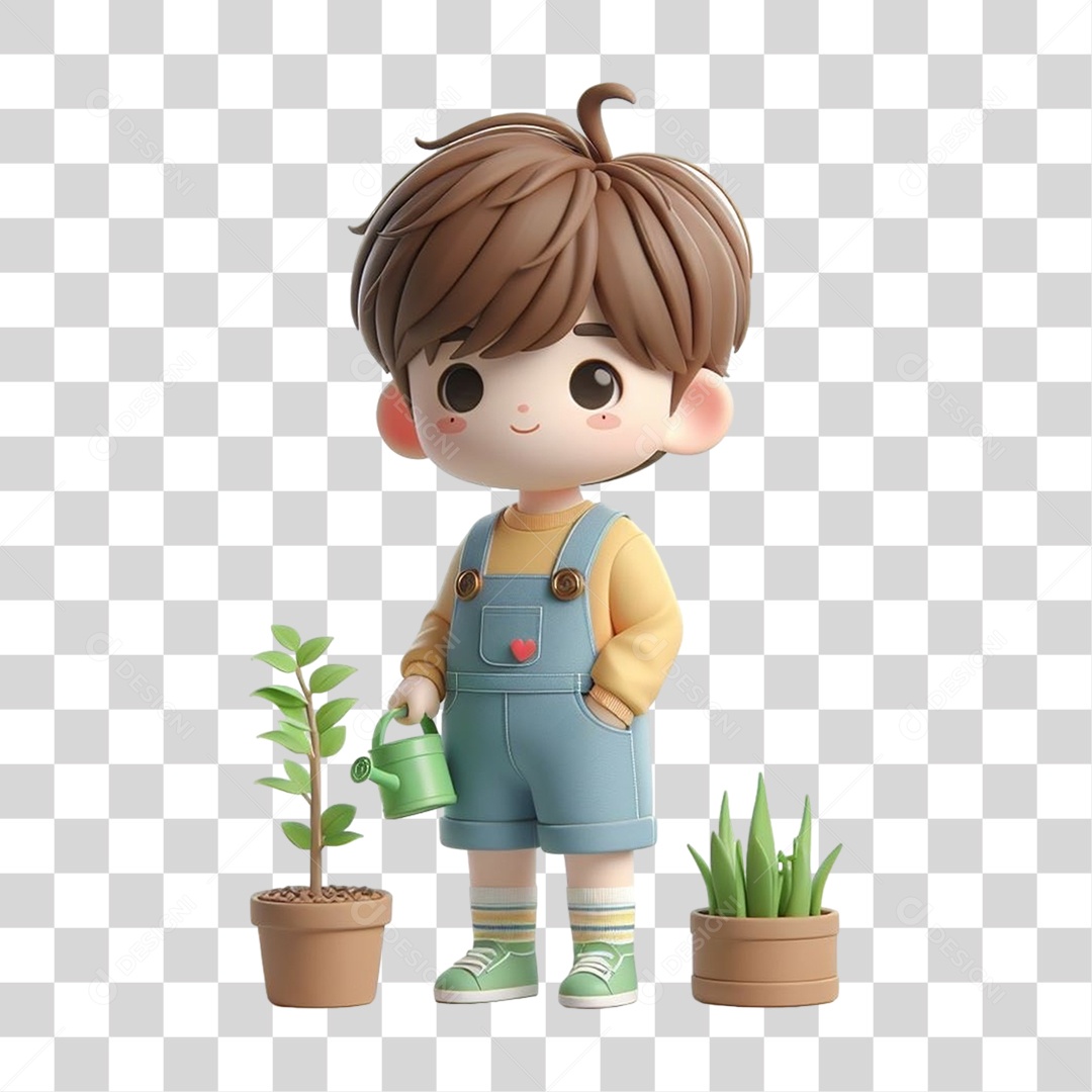 Garoto com Vaso e Muda de Plantas PNG Transparente