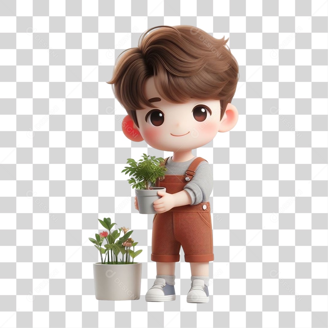 Garoto com Vaso e Muda de Plantas PNG Transparente