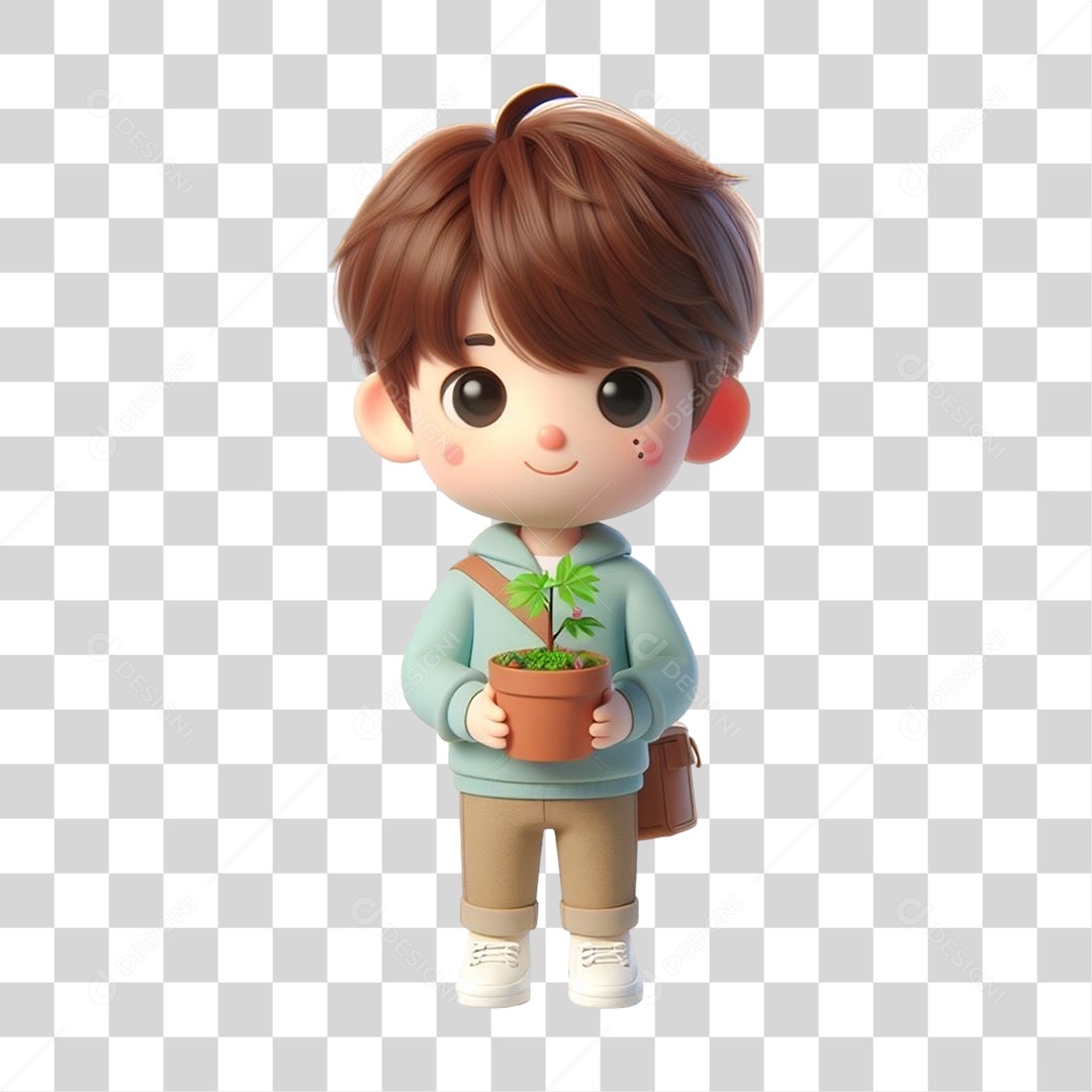 Garoto com Vaso e Muda de Plantas PNG Transparente