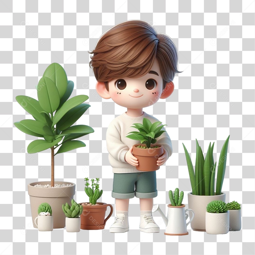 Garoto com Vaso e Muda de Plantas PNG Transparente