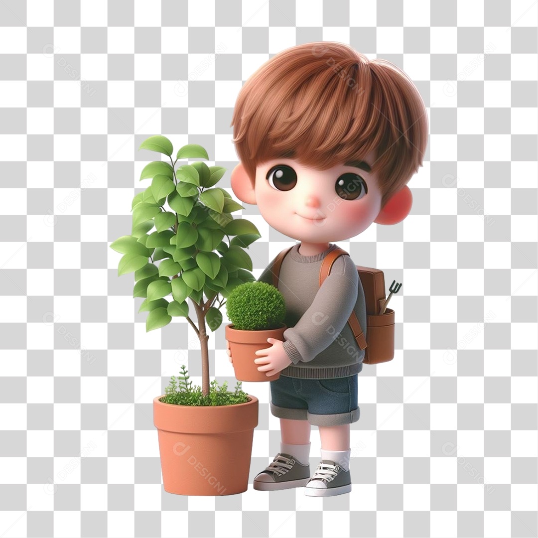Garoto com Vaso e Muda de Plantas PNG Transparente