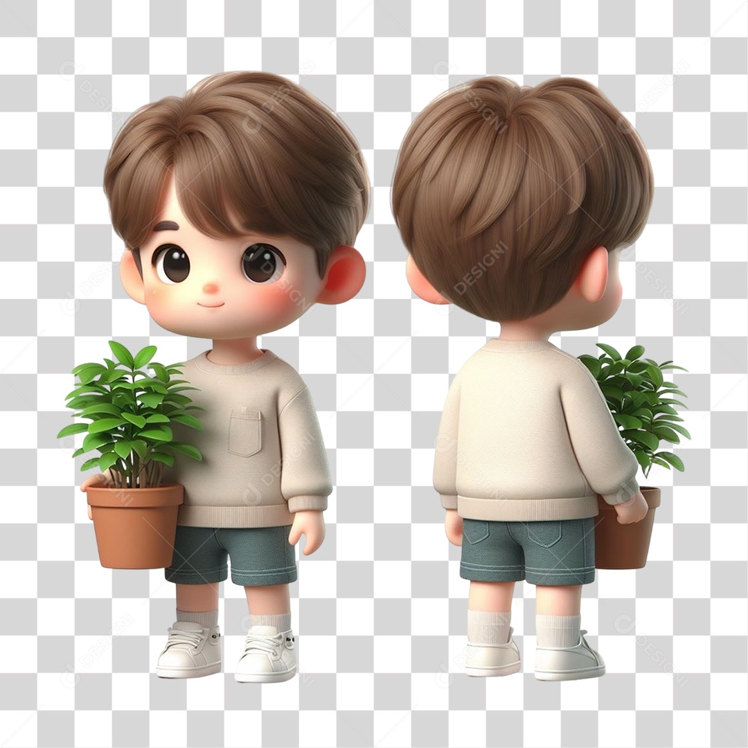 Garotos com Vaso e Muda de Plantas PNG Transparente