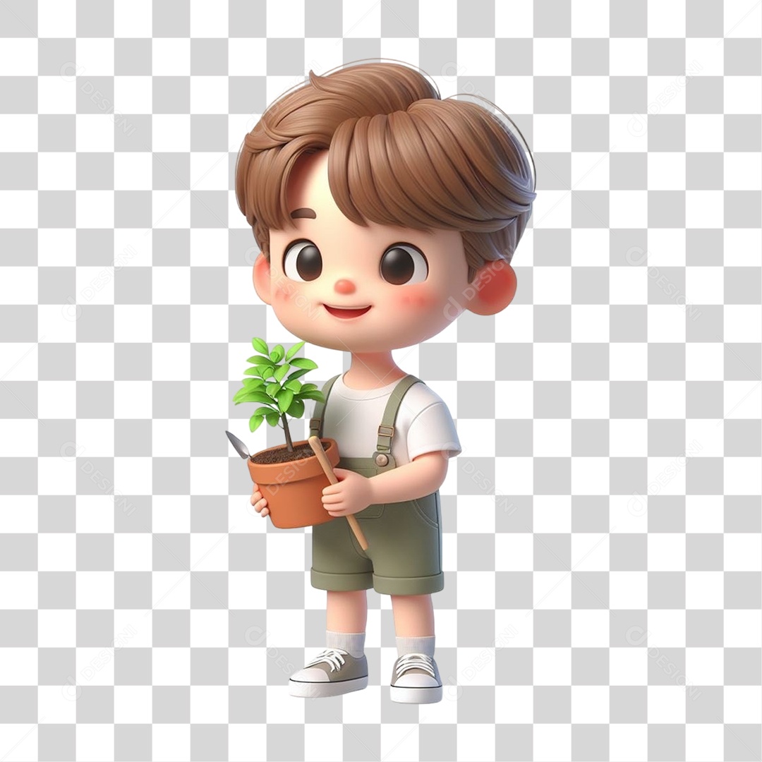 Garoto com Vaso e Muda de Plantas PNG Transparente