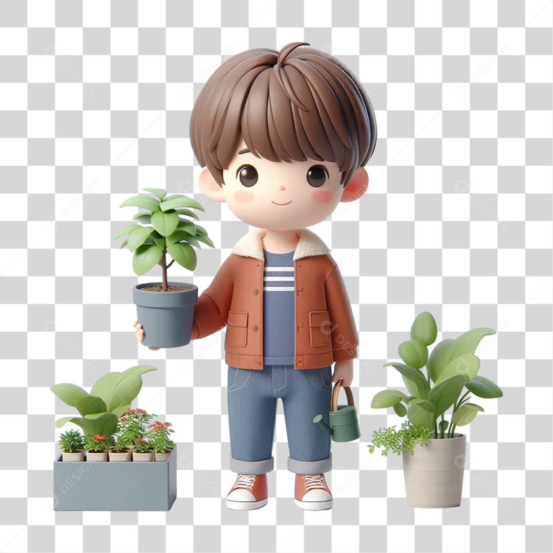 Garoto com Vaso e Muda de Plantas PNG Transparente