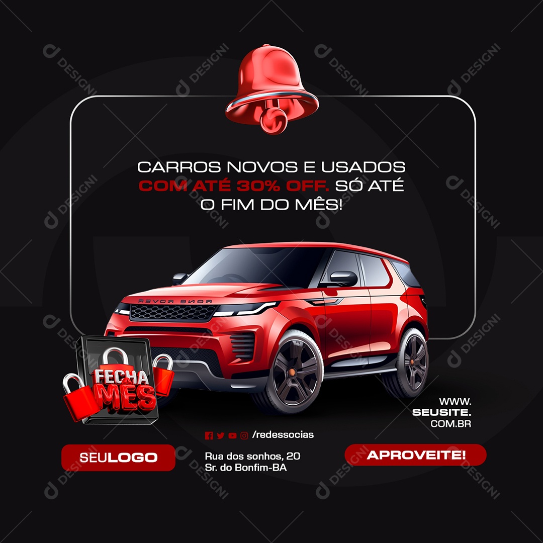 Fecha Mês Concessionária Carros Novos e Usados Social Media PSD Editável